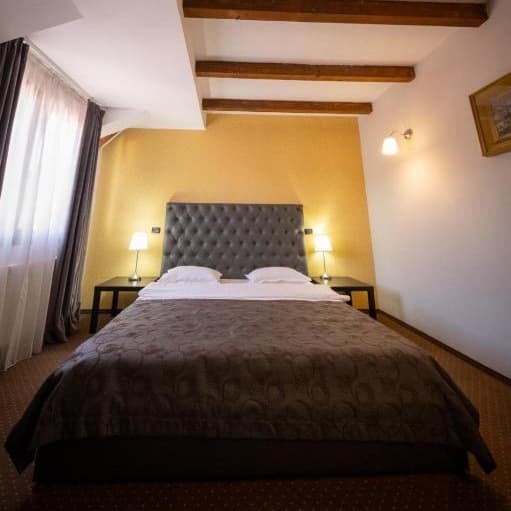 Camera Economy la pensiunea Trattoria Al Gallo, cu pat matrimonial, tăblie capitonată și perete accent galben